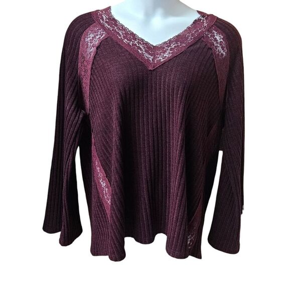 SUSAN BETRO Women's Deep Purple Lacy LongSleeve Ribbed V- Neck Sweater Size 2X - Picture 2 of 15
